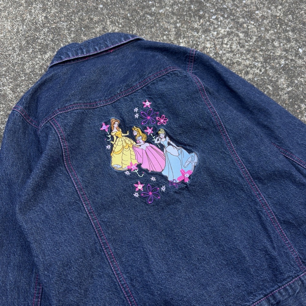 Vintage 90s Disney Princess Denim Jean Jacket Embroidered Blue Pink Size 10/12